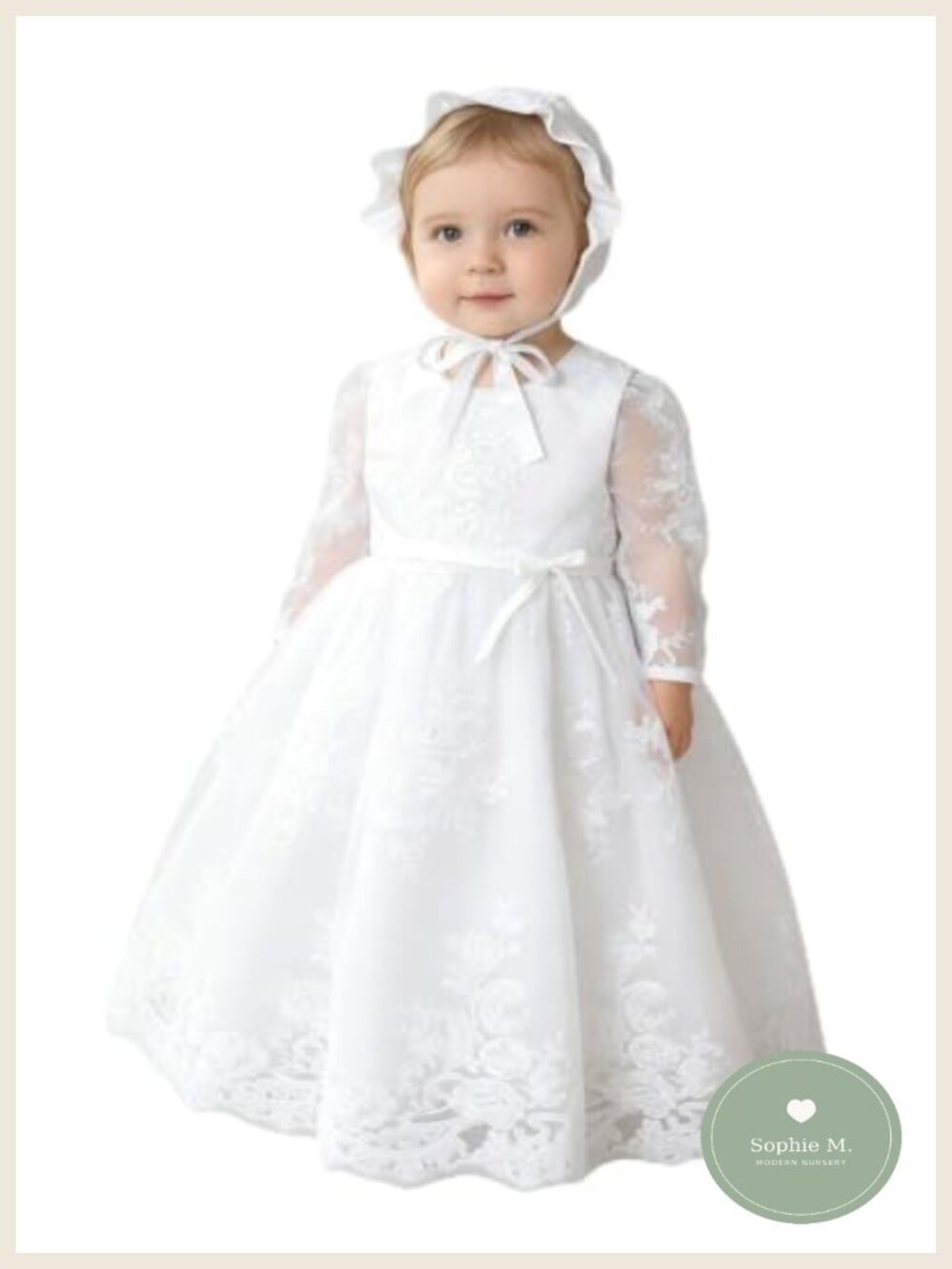 Baby Girls Lace Christening Baptism Gown with Bonnet Formal